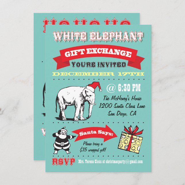 Retro White Elephant Christmas Party Invitations (Front/Back)