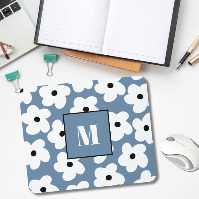 Retro White Flowers Custom Monogram  Mouse Mat (Creator Uploaded)