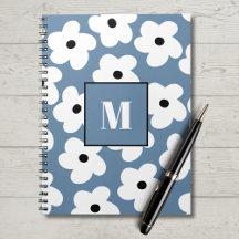 Retro White Flowers Custom Monogram Notebook