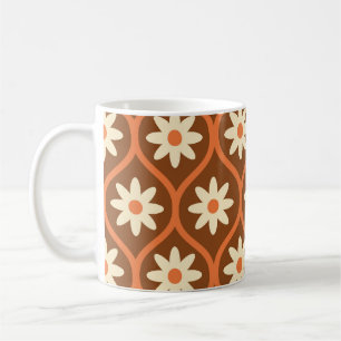 Retro White Flowers on Brown Vintage Ogee  Coffee Mug
