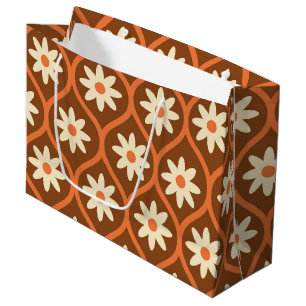 Retro White Flowers on Brown Vintage Ogee  Large Gift Bag