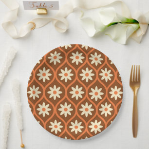 Retro White Flowers on Brown Vintage Ogee Paper Plate