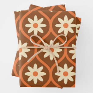 Retro White Flowers on Brown Vintage Ogee  Wrapping Paper Sheet