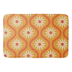 Retro White Flowers on Mid Century Orange Ogee Bath Mat