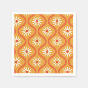 Retro White Flowers on Mid Century Orange Ogee Napkin