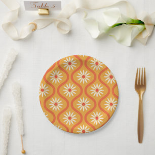 Retro White Flowers on Mid Century Orange Ogee Paper Plate