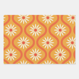 Retro White Flowers on Mid Century Orange Ogee  Wrapping Paper Sheet