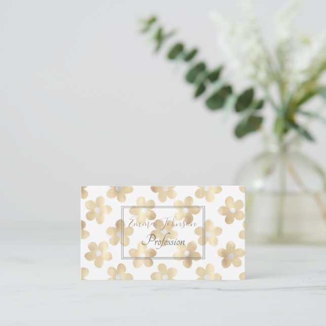 Retro White Gold Daisy Flowers Business Card (Standing Front)