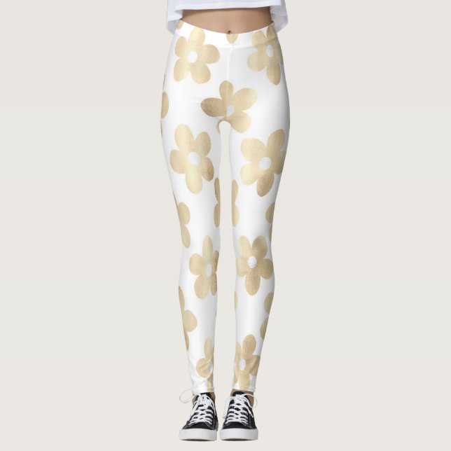 Retro White Gold Daisy Flowers Leggings (Front)