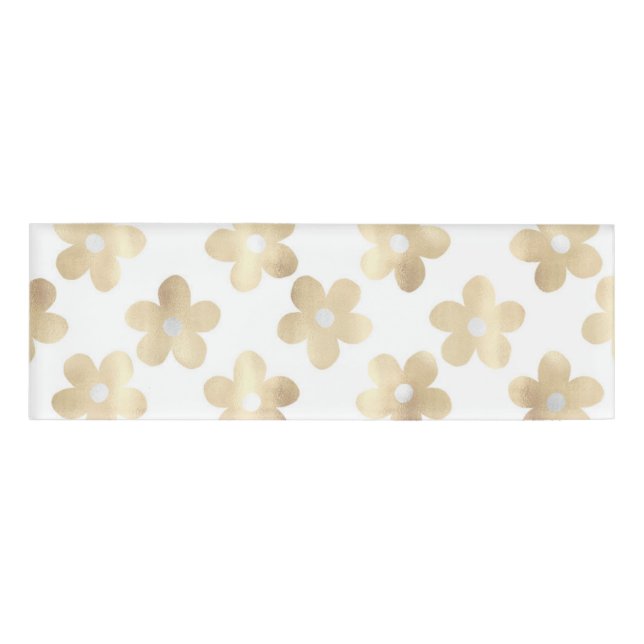 Retro White Gold Daisy Flowers Name Tag (Front)