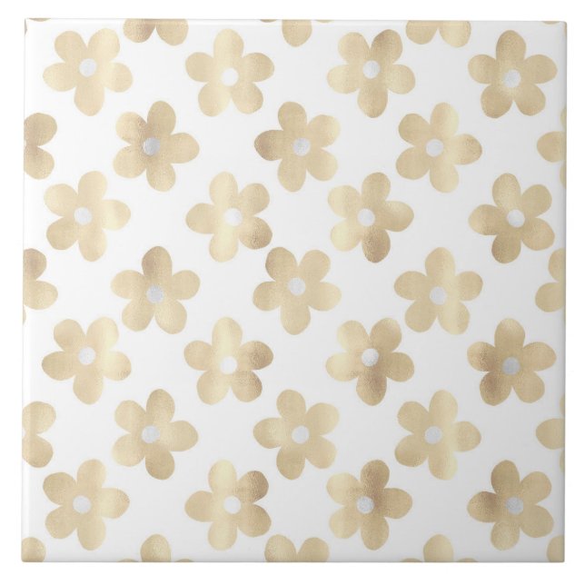 Retro White Gold Daisy Flowers Tile (Front)