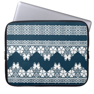 Retro white lace with butterflies on a dark blue b laptop sleeve
