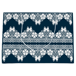Retro white lace with butterflies on a dark blue b large gift bag