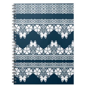 Retro white lace with butterflies on a dark blue b notebook