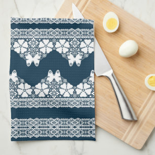 Retro white lace with butterflies on a dark blue b tea towel