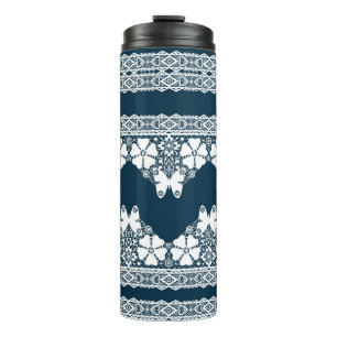 Retro white lace with butterflies on a dark blue b thermal tumbler