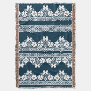 Retro white lace with butterflies on a dark blue b throw blanket