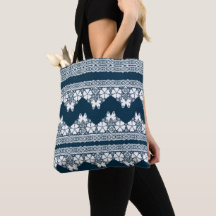 Retro white lace with butterflies on a dark blue b tote bag
