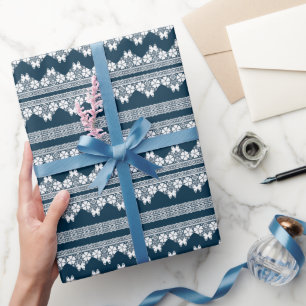 Retro white lace with butterflies on a dark blue b wrapping paper