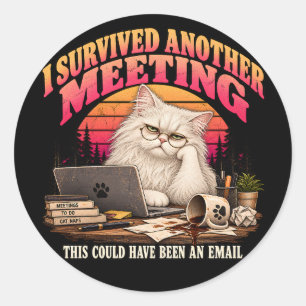 Retro White Office Cat Sunset Meeting Humor Classic Round Sticker