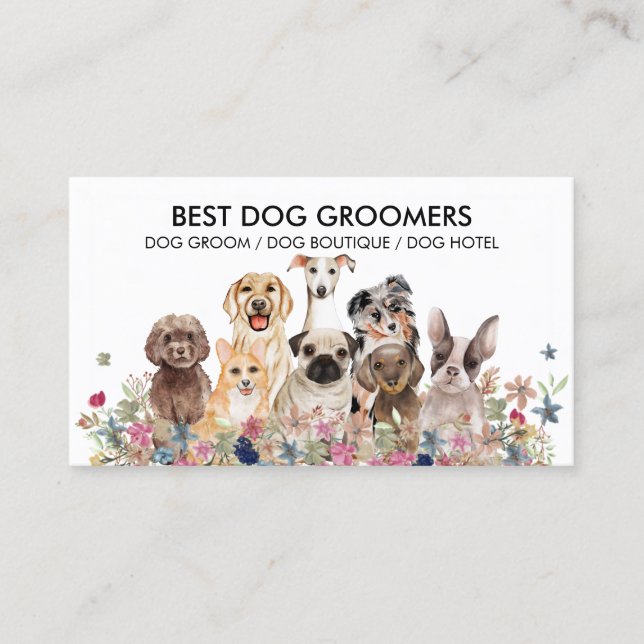 Retro White PetSitter dogs flowers veterinary Business Card (Front)