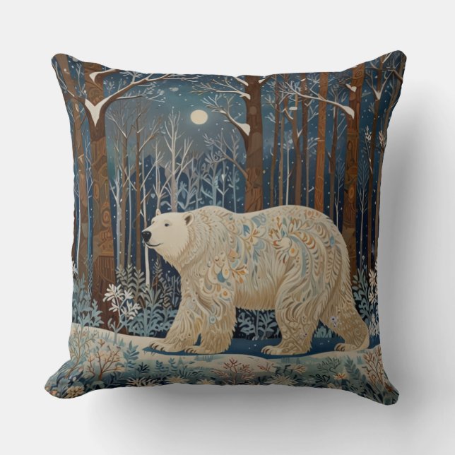 Retro white polar bear boho woodland forest cushion (Front)