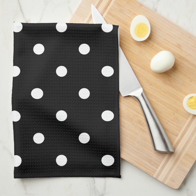 Retro White Polka Dots On Black Tea Towel (Quarter Fold)