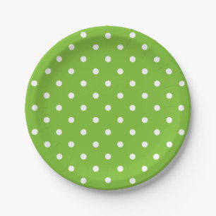 Retro White Polka Dots On Green  Paper Plate