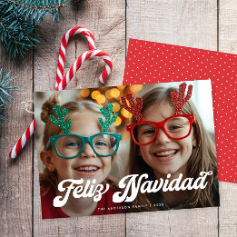Retro White Script Feliz Navidad One Photo Holiday Card