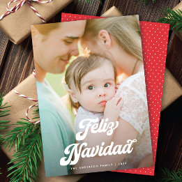 Retro White Script Feliz Navidad One Photo Holiday Card