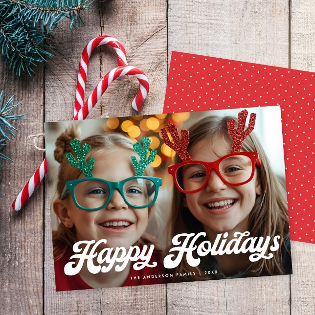 Retro White Script Happy Holidays One Photo Holiday Card (Creator Uploaded)
