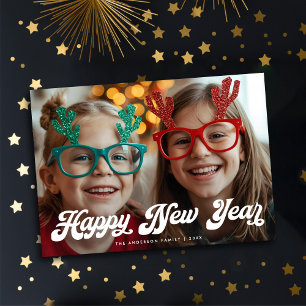 Retro White Script Happy New Year One Photo Holiday Card