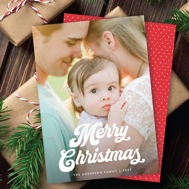 Retro White Script Merry Christmas One Photo Holiday Card (Creator Uploaded)