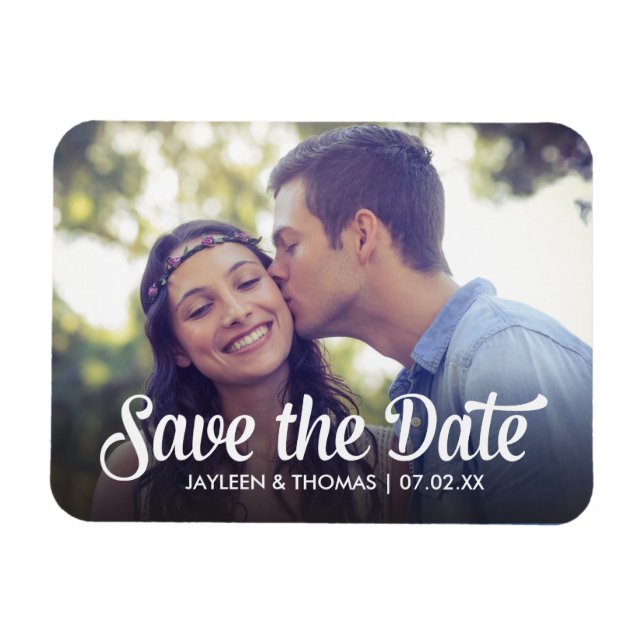 Retro White Script Save The Date Full Bleed Photo Magnet (Horizontal)