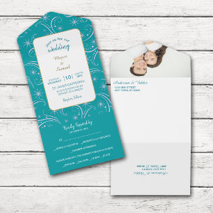Retro White Snowflake Swirl on Teal Wedding All In One Invitation