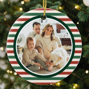 Retro White Stripes Family Photo Merry Christmas Ceramic Tree Decoration