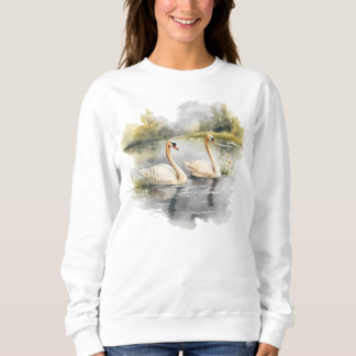 Retro White Swans Winter Lake Scene Sweatshirt