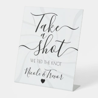 Retro White Swirls Wedding Take a Shot Pedestal Sign