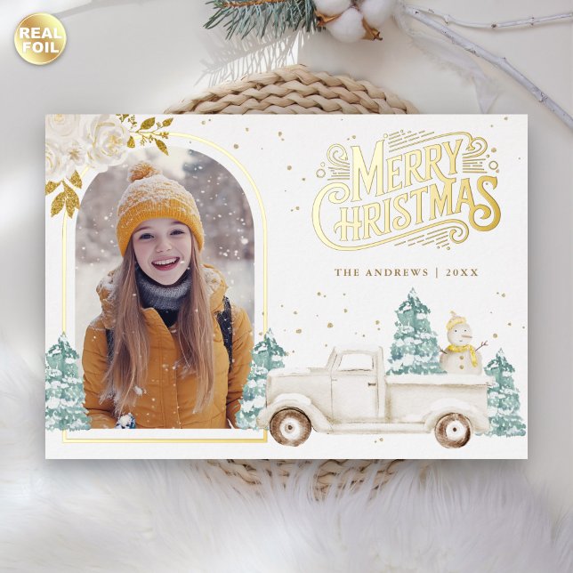 Retro White Truck Snowman Christmas Photo Gold Foil Holiday Card (Creator Uploaded)