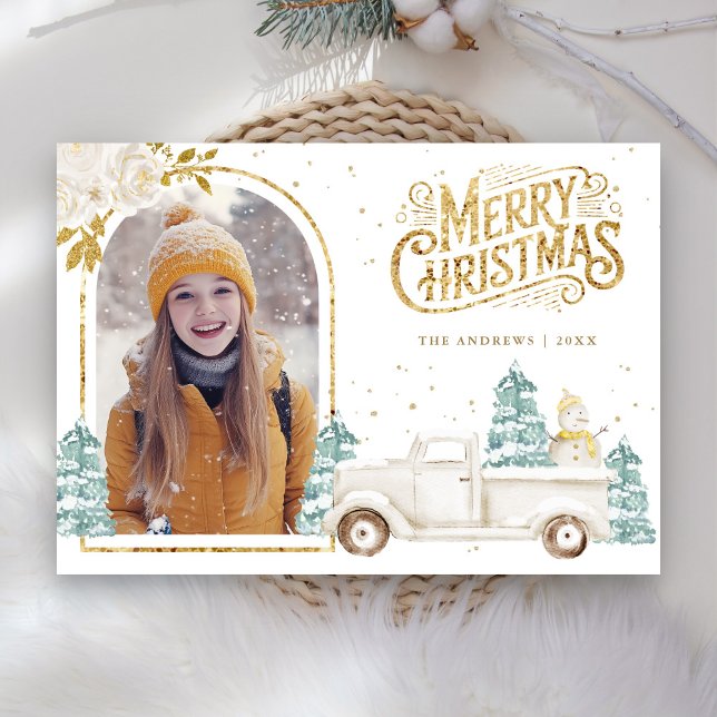 Retro White Truck Snowman Gold Christmas Photo Holiday Card (Creator Uploaded)