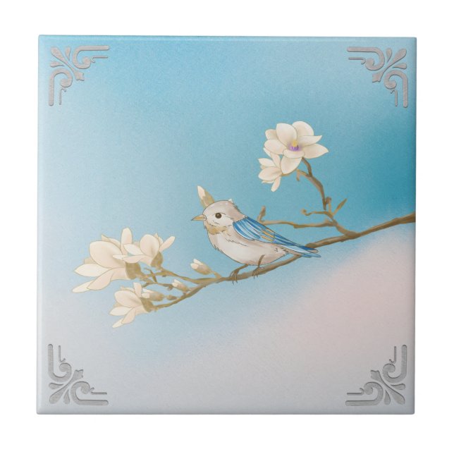 Retro WhiteBlue Bird and Bloom Art Tile (Front)