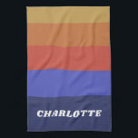 Retro Wide Blue Abstract Stripes Personalised  Tea Towel<br><div class="desc">This personalised kitchen towel features bold horizontal stripes in yellow, red, purple, and dark blue, with a custom name printed in white at the bottom. The simple colour palette and classic serif font give it a fun retro feel while keeping things practical for everyday use. A great gift for cooks,...</div>