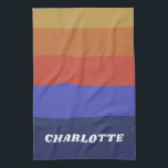 Retro Wide Blue Abstract Stripes Personalised  Tea Towel<br><div class="desc">This personalised kitchen towel features bold horizontal stripes in yellow, red, purple, and dark blue, with a custom name printed in white at the bottom. The simple colour palette and classic serif font give it a fun retro feel while keeping things practical for everyday use. A great gift for cooks,...</div>