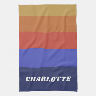 Retro Wide Blue Abstract Stripes Personalised  Tea Towel