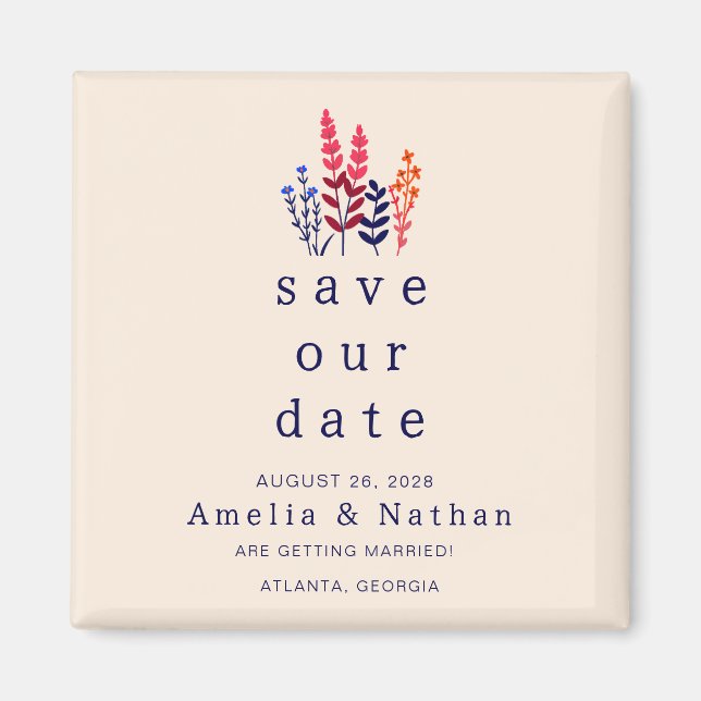 Retro Wild Flowers Non Photo Save the Date Wedding Magnet (Front)