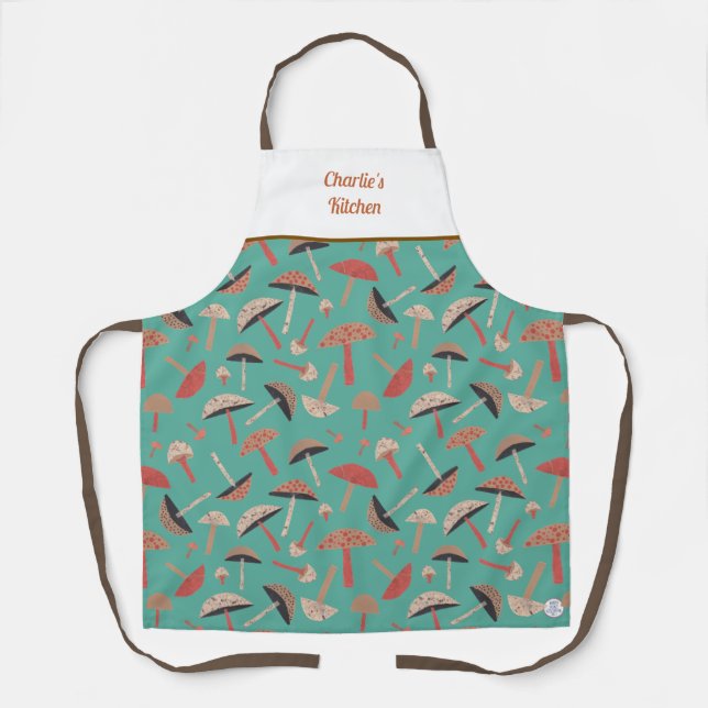 Retro Wild Mushrooms Cute Whimsical Botanical Teal Apron (Front)