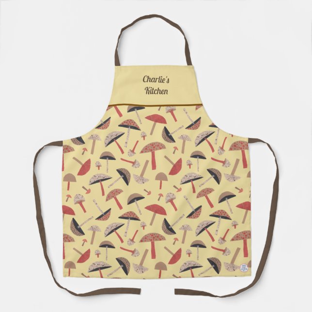Retro Wild Mushrooms Whimsical Yellow Botanical Apron (Front)