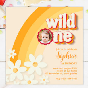 Retro Wild One Daisy Birthday Photo Invitation