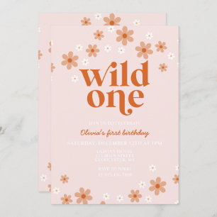 Retro wild one daisy boho first birthday invitation