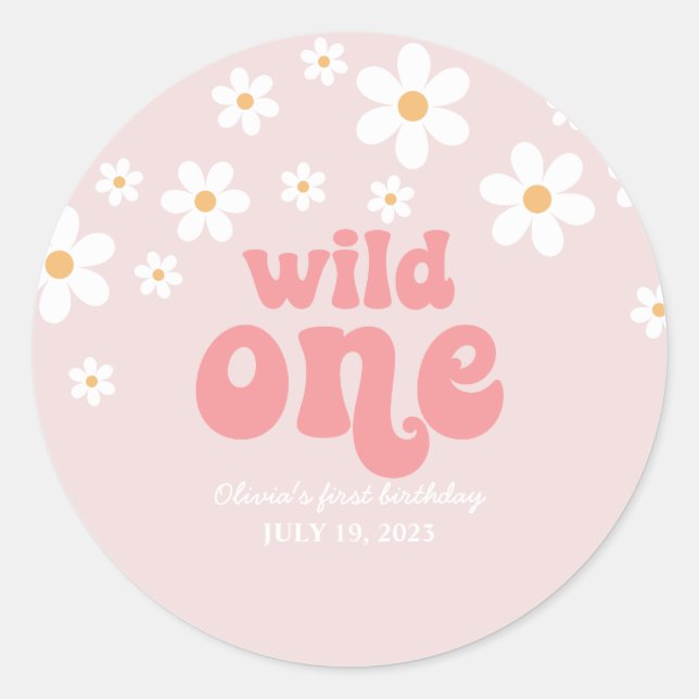 Retro wild one daisy boho floral first birthday classic round sticker (Front)